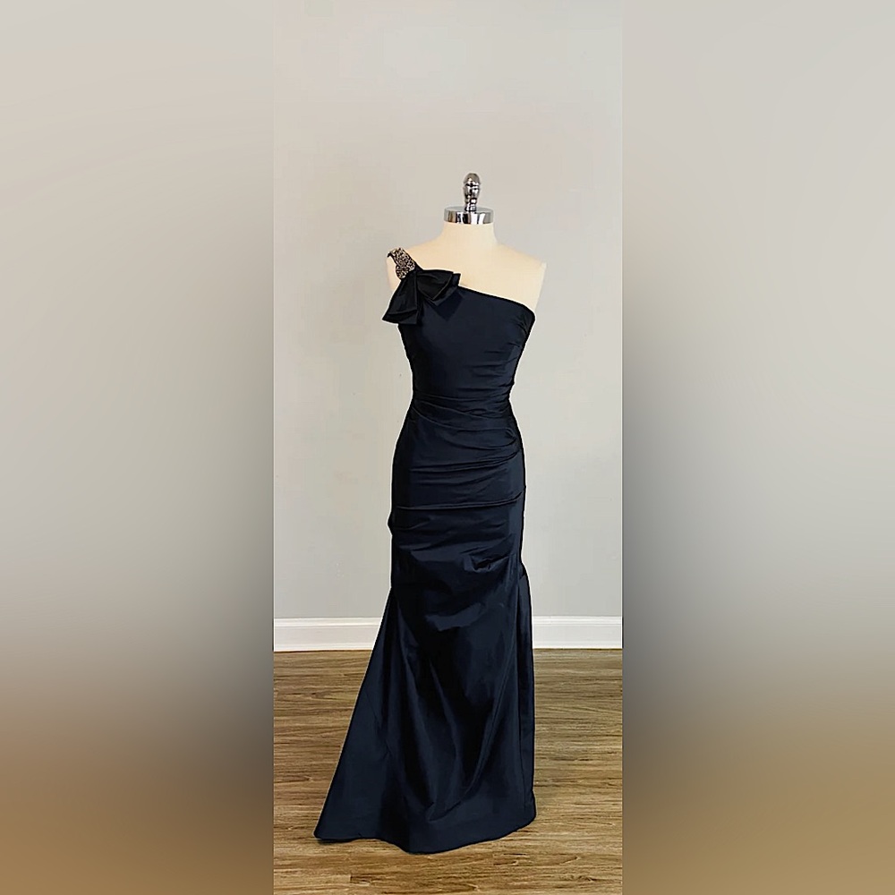 Rickie Freeman Terri Jon one strap navy dress.